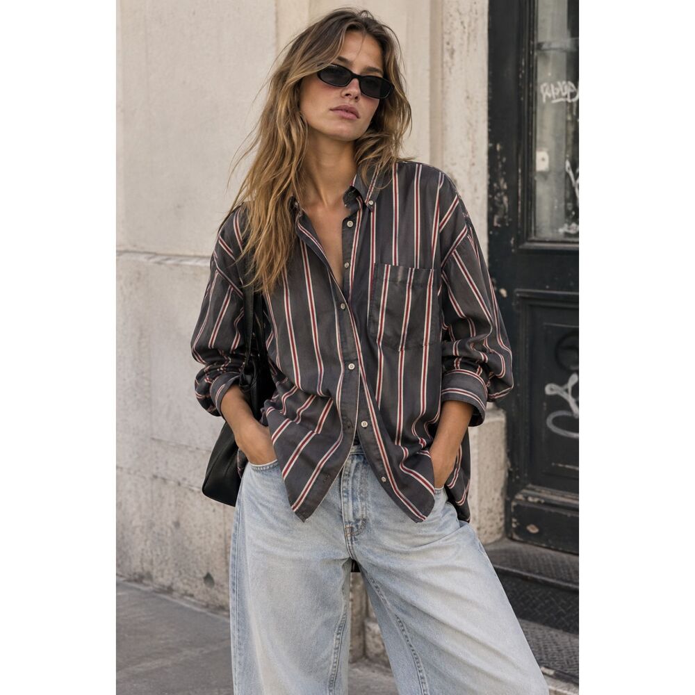 Isabel Marant Gray Red Stripe Button Up Shirt Top Blouse Women's Size Medium